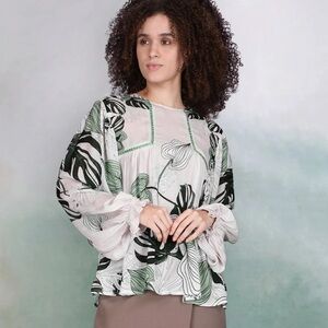 NEW Blank London Monstera Green White Long Sleeve Tiara Peasant Top XS Reg. $156